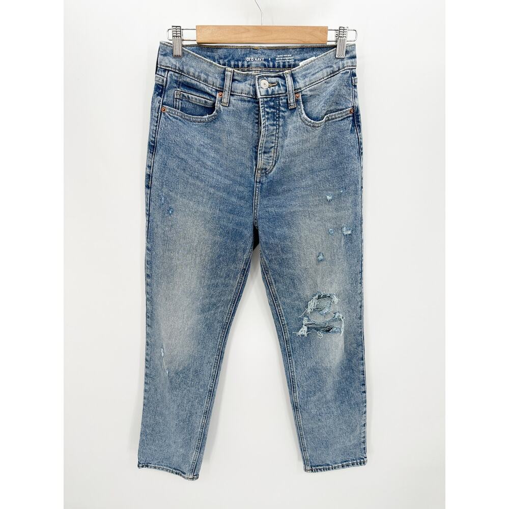 Old Navy Womens Extra High-Rise Sky-Hi Straight Jeans Blue Size 4 Distressed